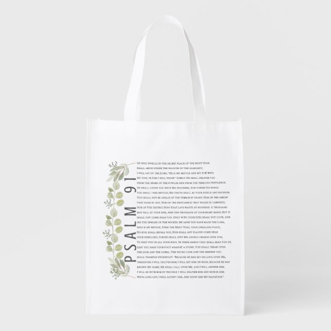 Psalm 91 Soft Greenery Scripture Bible Art Grocery Bag (Front)