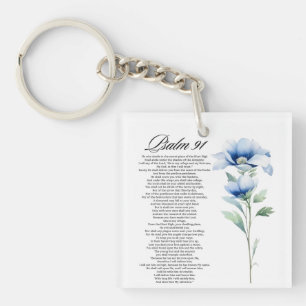 Psalm 91 Watercolor Blue Flower Bible Scriptures Keychain