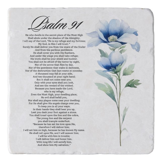 Psalm 91 Watercolor Blue Flower Bible Scriptures Trivet (Front)