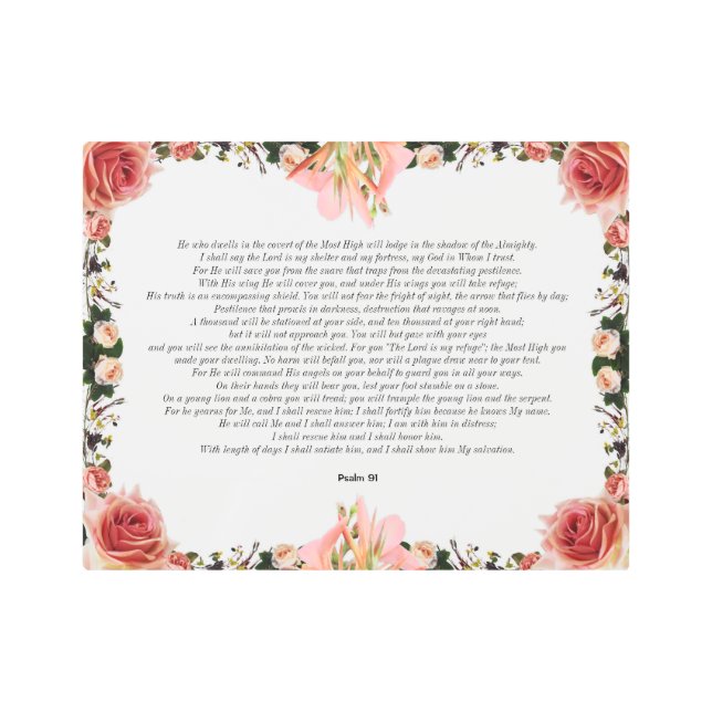 Psalm 91 with Flower Borders Metal Wall Art (Front)
