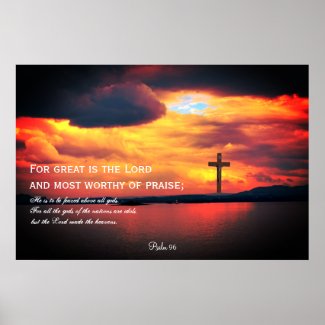 Psalm 96, Red sky and the cross, Christian poster