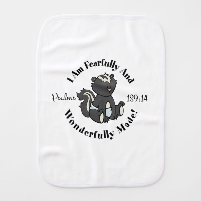 Psalms 139:14 Design (Skunk) Baby Burp Cloth (Front)