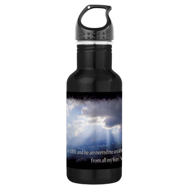 Psalms 34:4 on dark stainless steel water bottle (Front)
