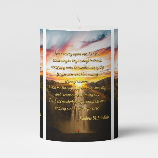 Psalms 51:1-3 Bible Verse Scripture Pillar Candle (Front)