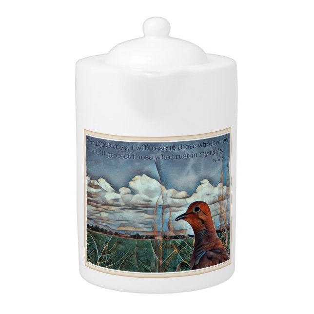 Psalms 91:14 Bible Verse With Dove Teapot (Front)