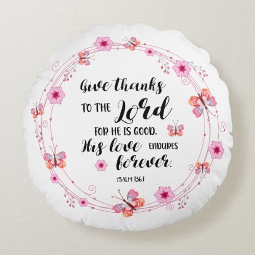 Psalms Bible Verse Christian Cherry Blossoms Pink Round Pillow