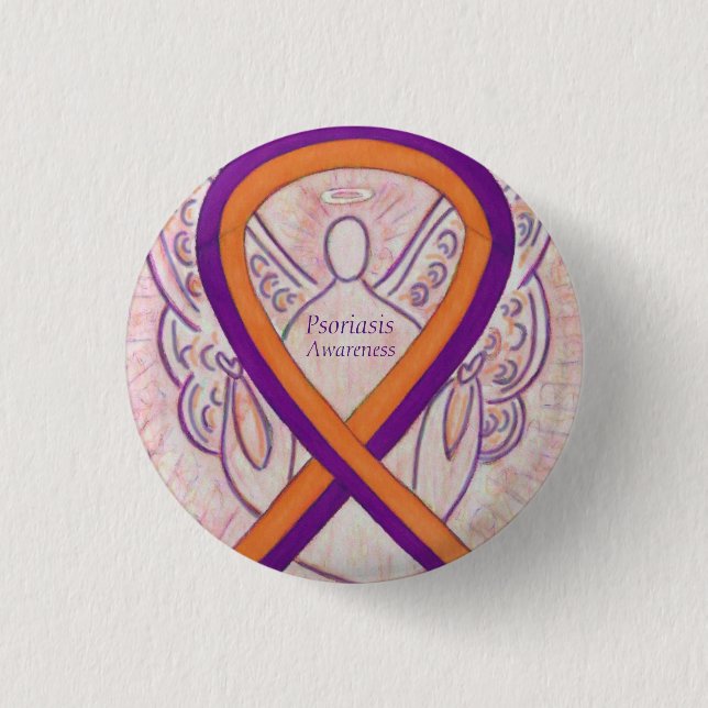Psoriasis Awareness Ribbon Angel Custom Button Pin (Front)