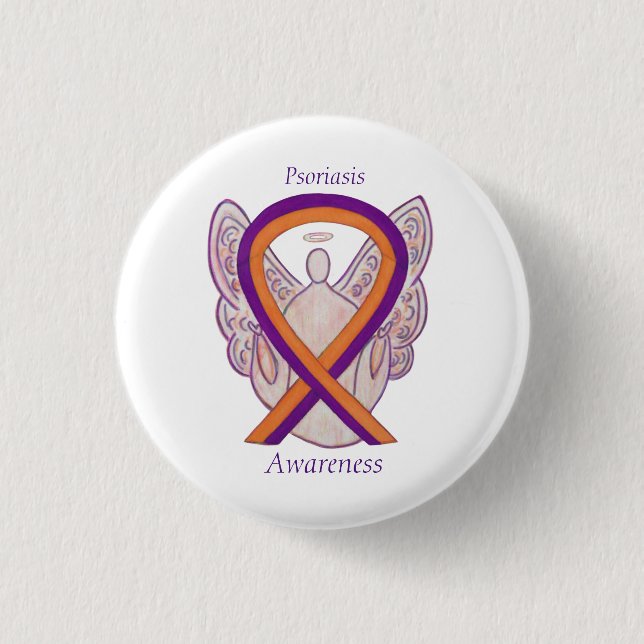 Psoriasis Awareness Ribbon Angel Custom Pin Button (Front)