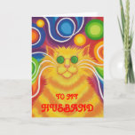 Psy-cat-delic 'Husband' 'groovy birthday' card<br><div class="desc">Groovy baby! A yellow and orange striped cat with swirling whiskers and a psychedelic rainbow patterned background. Greetings card with a yellow, orange, red, blue, green, pink, purple, and white customizable design for you to personalise with your own text, images and ideas.An original digitally enhanced coloured pencil drawing by Jess...</div>