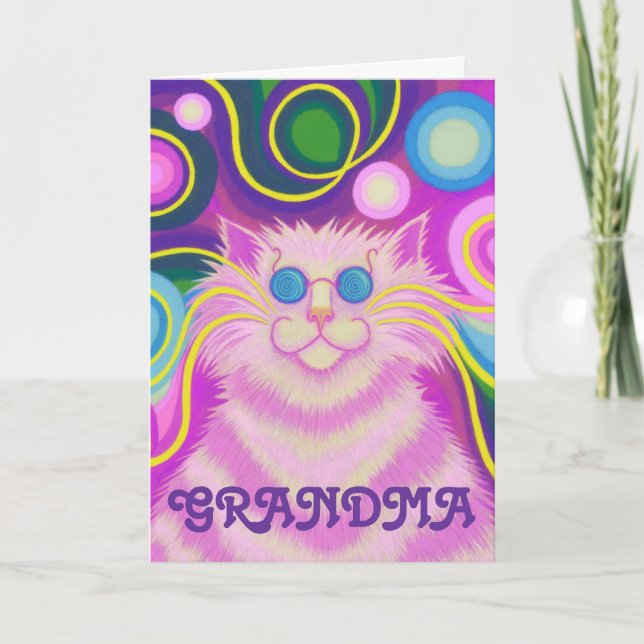 Psy-cat-delic Pink 'Grandma' birthday card (Front)