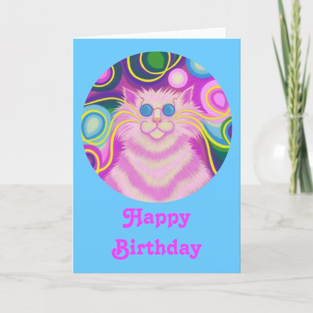 Psy-cat-delic Pink 'Happy Birthday' card blue (Front)