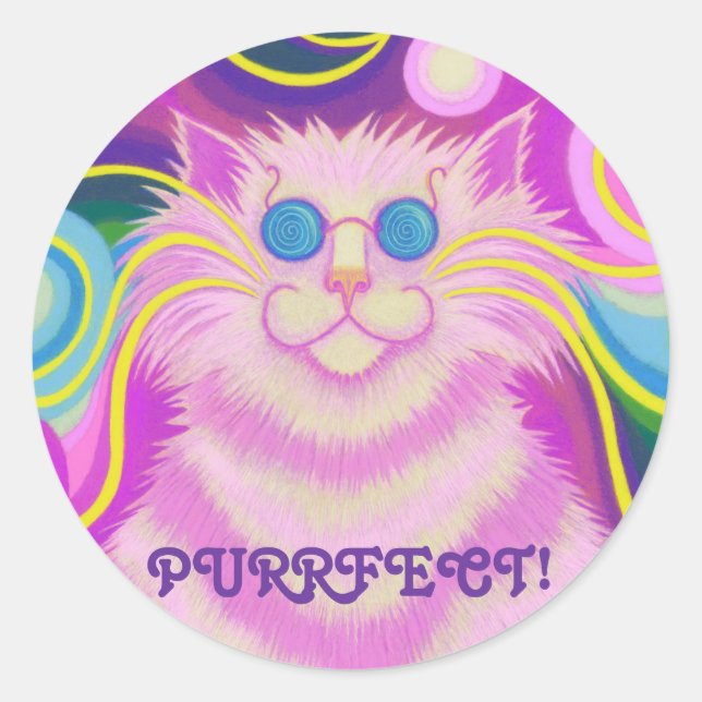 Psy-cat-delic Pink 'Purrfect!' round sticker (Front)