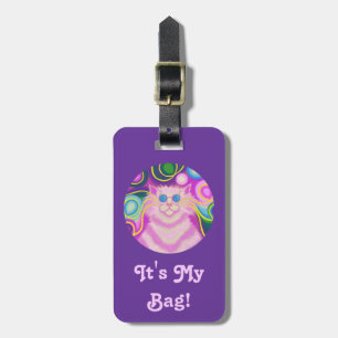 Psy-cat-delic Pink Round 'text' luggage tag purple