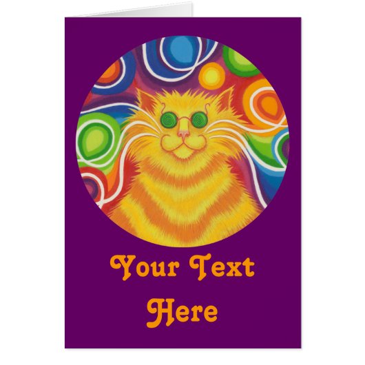 Psy-cat-delic round  'Your Text' card purple (Front)