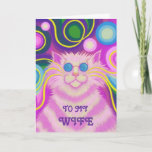 Psy-cat-delic 'Wife' 'groovy birthday' card<br><div class="desc">Groovy baby! A pink striped cat with swirling whiskers and a psychedelic rainbow patterned background. Greetings card with a pink, blue, green, purple and yellow customizable design for you to personalise with your own text, images and ideas. The text can easily be changed using the template provided or click the...</div>