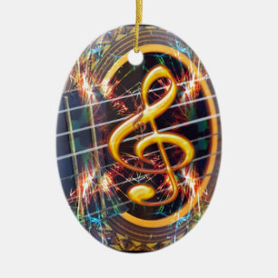 Psychadelic Accoustic Guitar, music sheet design Ceramic Ornament