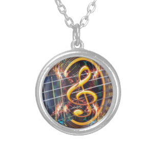 Psychadelic Accoustic Guitar, music sheet design Silver Plated Necklace