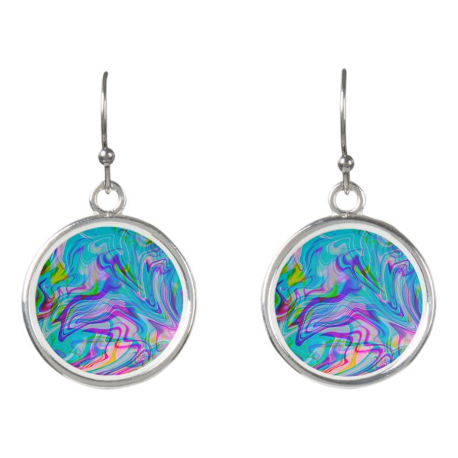 Psychadelic Liquid Colorful Abstract Pattern Blue Earrings (Front)