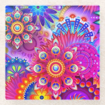 Psychadelic Mandala Pattern Boho Glass Coaster by My_Blue_Skye at Zazzle