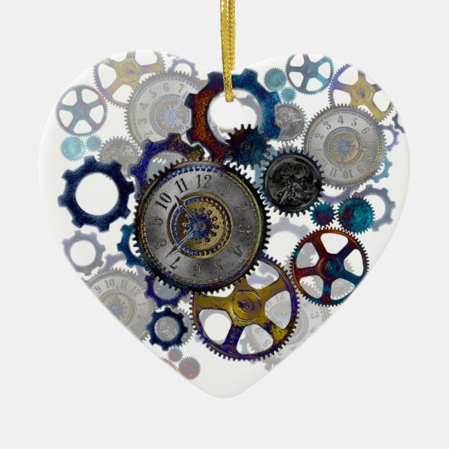 Psychadelic steampunk gears, cogs, clock face gift ceramic ornament (Front)