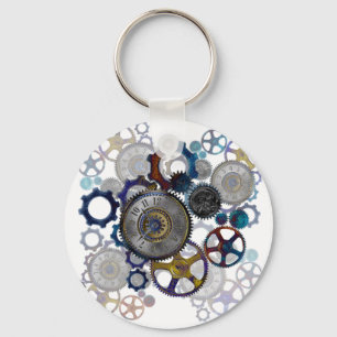 Psychadelic steampunk gears, cogs, clock face gift keychain