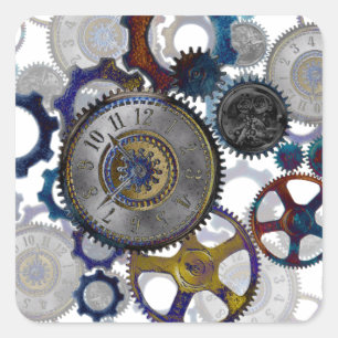 Psychadelic steampunk gears, cogs, clock face gift square sticker