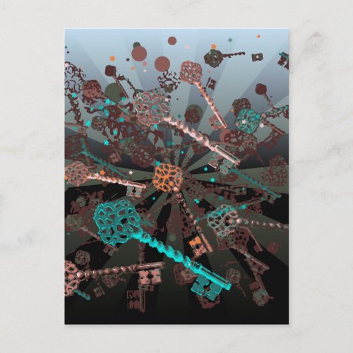 Psychadelic steampunk keys rays dark retro postcard
