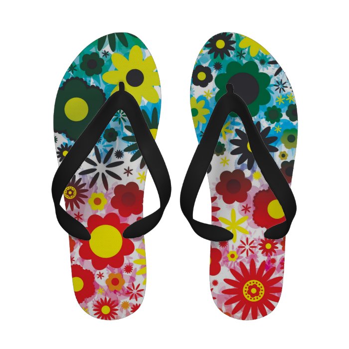 Psychedelic 60s Red Green Flowers Pattern Flip Flops