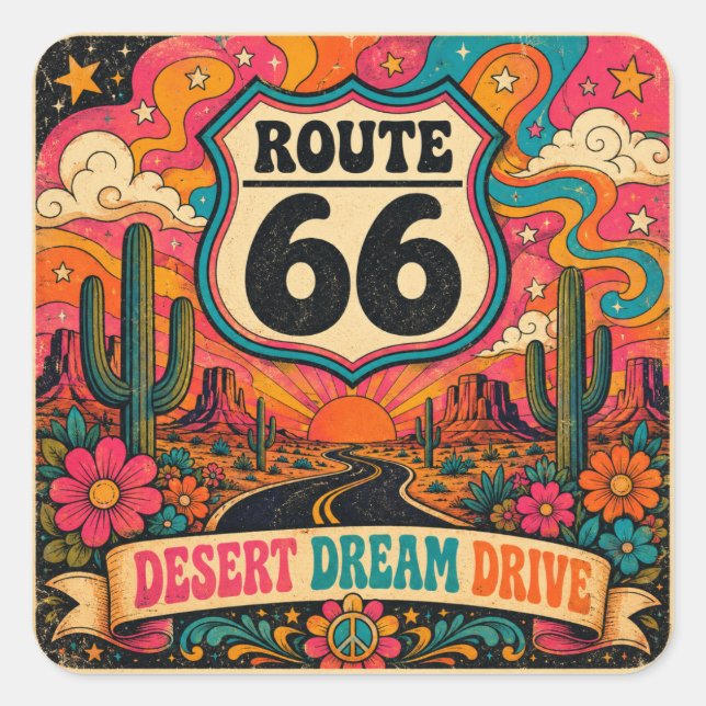Psychedelic 70s Highway Trippy Mother Road Emblem Square Sticker (Front)