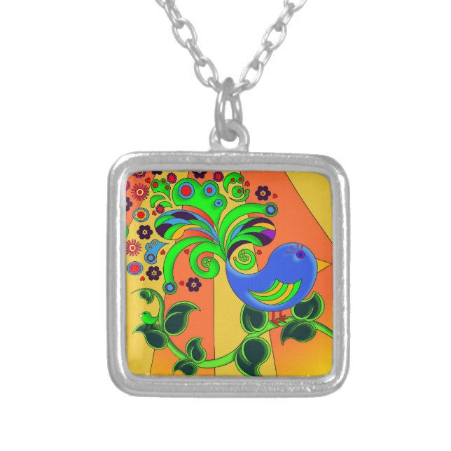Psychedelic Abstract Bird Silver Plated Necklace (Front)