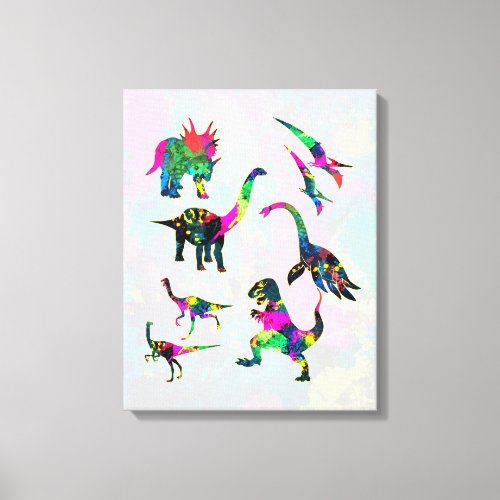 Psychedelic Abstract Colorful Dinosaur Silhouettes Canvas Print