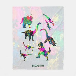 Psychedelic Abstract Colorful Dinosaur Silhouettes Fleece Blanket