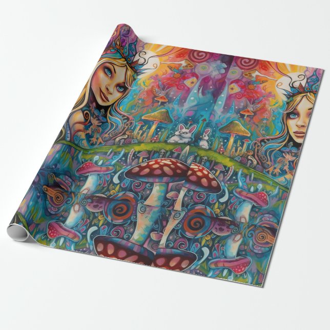 Psychedelic Alice in wonderland Bold Colors Theme Wrapping Paper (Unrolled)