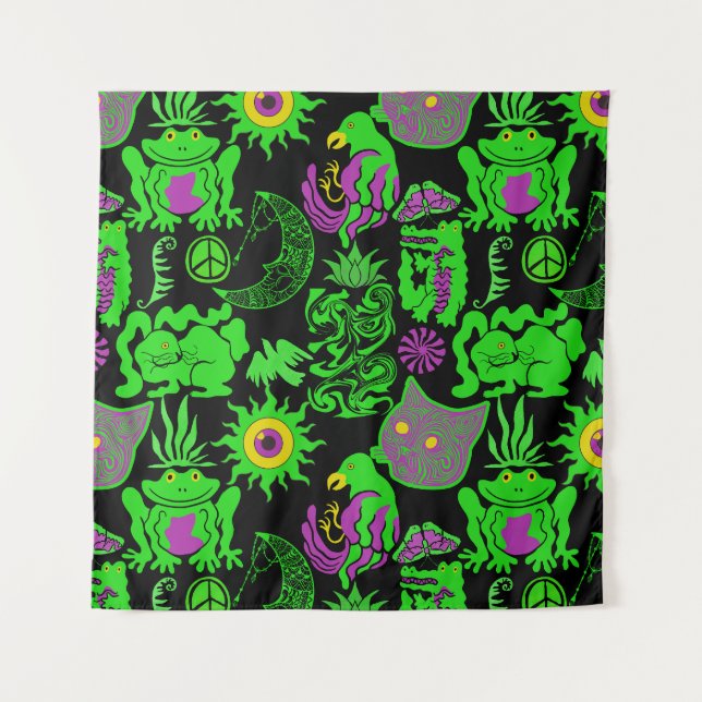 Psychedelic animals pattern Black BG Tapestry (Front)