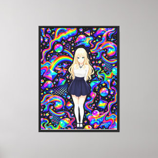 Psychedelic Anime Girl Neon Rainbow Pattern Canvas Print