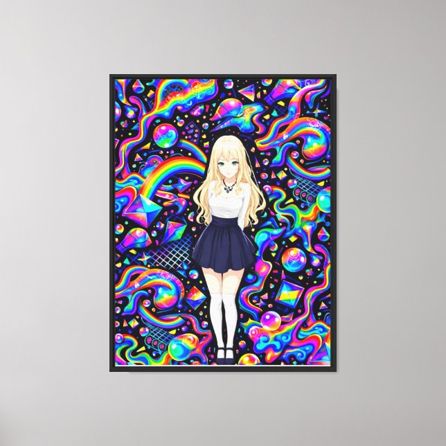 Psychedelic Anime Girl Neon Rainbow Pattern Canvas Print (Front)