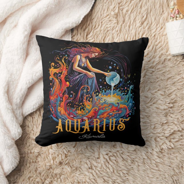 Psychedelic Art Aquarius Zodiac Name Throw Pillow (Blanket)