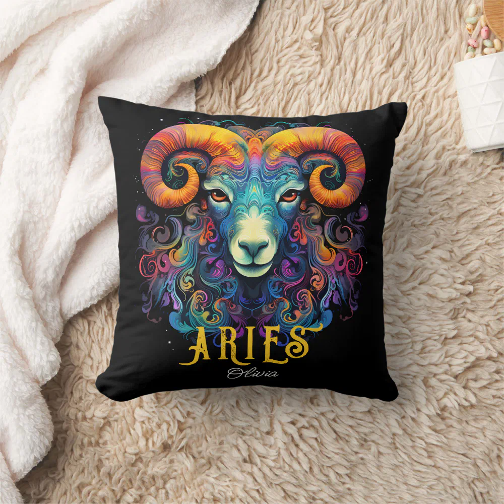 Psychedelic Art Aries Zodiac Name  Throw Pillow