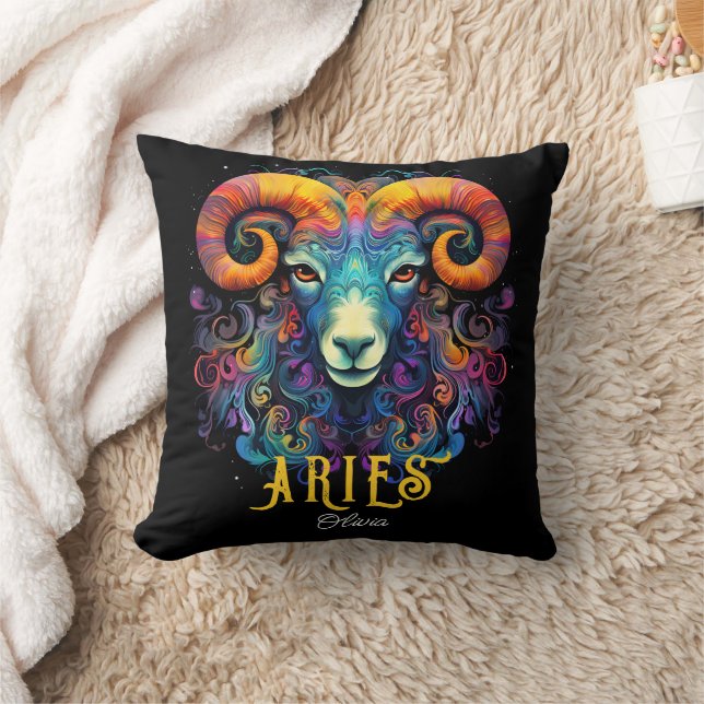 Psychedelic Art Aries Zodiac Name  Throw Pillow (Blanket)