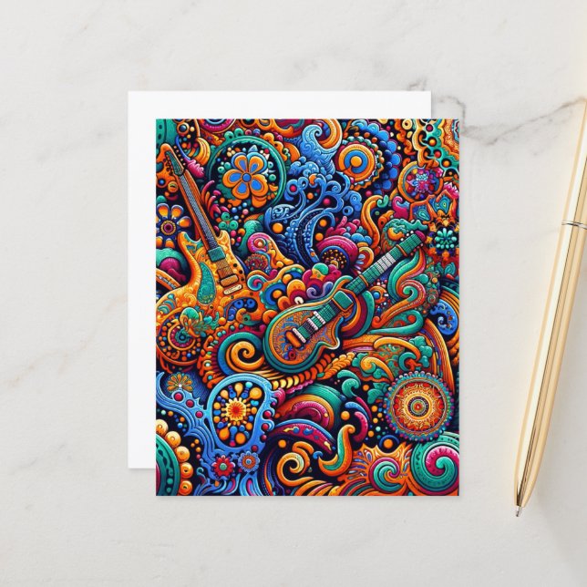 Psychedelic Batik Guitar Art–Colorful Retro Music (Front/Back In Situ)