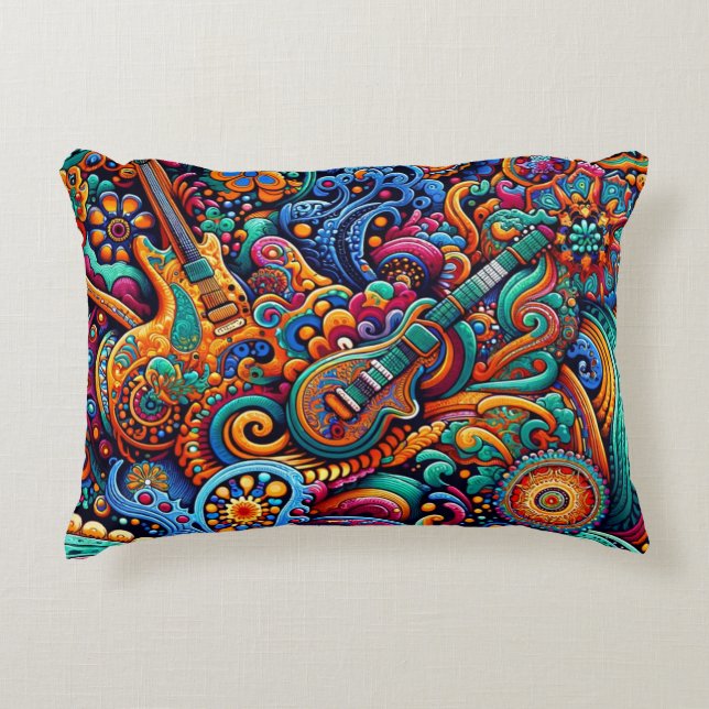 Psychedelic Batik Guitar Art–Colorful Retro Music Accent Pillow (Front)