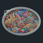 Psychedelic Batik Guitar Art–Colorful Retro Music Belt Buckle<br><div class="desc">This vibrant and intricate artwork combines the essence of psychedelic 60s and 70s music culture with detailed batik-inspired patterns. Featuring electric guitars embedded in swirling, colorful floral and paisley elements, this design is a celebration of music and creativity. The rich, bold color palette of blues, oranges, greens, and reds makes...</div>