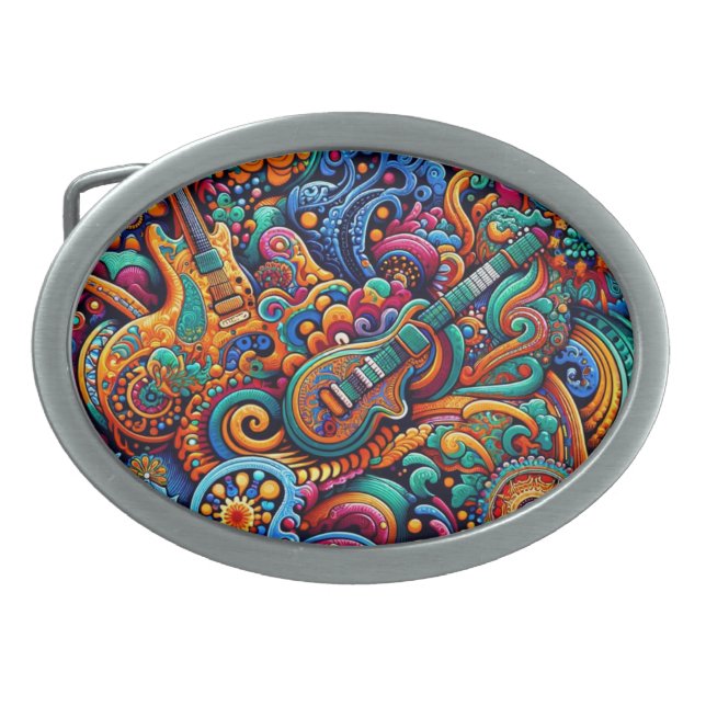 Psychedelic Batik Guitar Art–Colorful Retro Music Belt Buckle (Front)