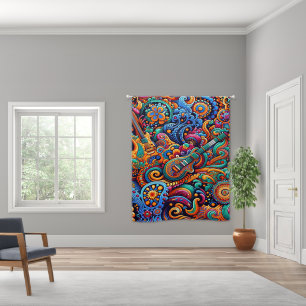 Psychedelic Batik Guitar Art–Colorful Retro Music Blackout Curtains