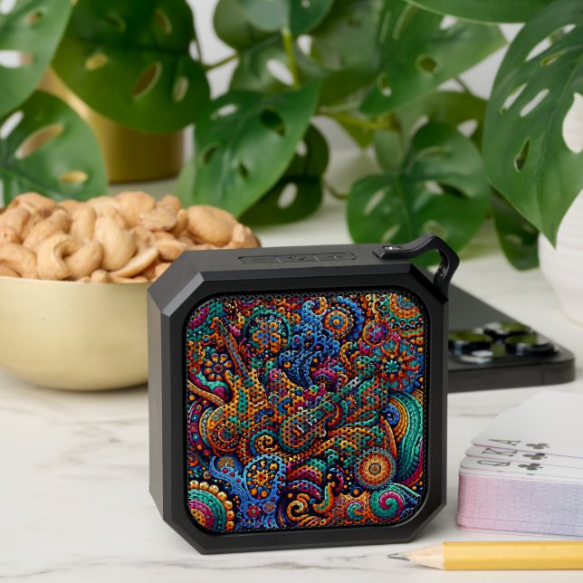Psychedelic Batik Guitar Art–Colorful Retro Music  Bluetooth Speaker (Insitu(Table))