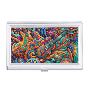 Psychedelic Batik Guitar Art–Colorful Retro Music Business Card Case