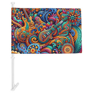 Psychedelic Batik Guitar Art–Colorful Retro Music Car Flag