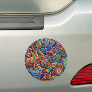Psychedelic Batik Guitar Art–Colorful Retro Music Car Magnet