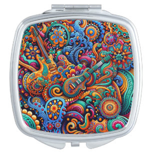 Psychedelic Batik Guitar Art–Colorful Retro Music Compact Mirror