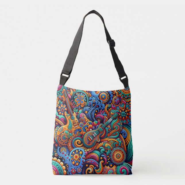 Psychedelic Batik Guitar Art–Colorful Retro Music Crossbody Bag (Front)
